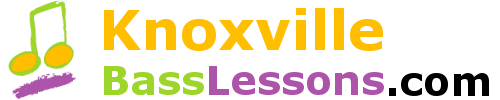 Logo for Knoxville Bass Lessons with Ryan Byrne featuring the text KnoxvilleBassLessons.com and eighth note graphic in orange, green and purple color scheme.